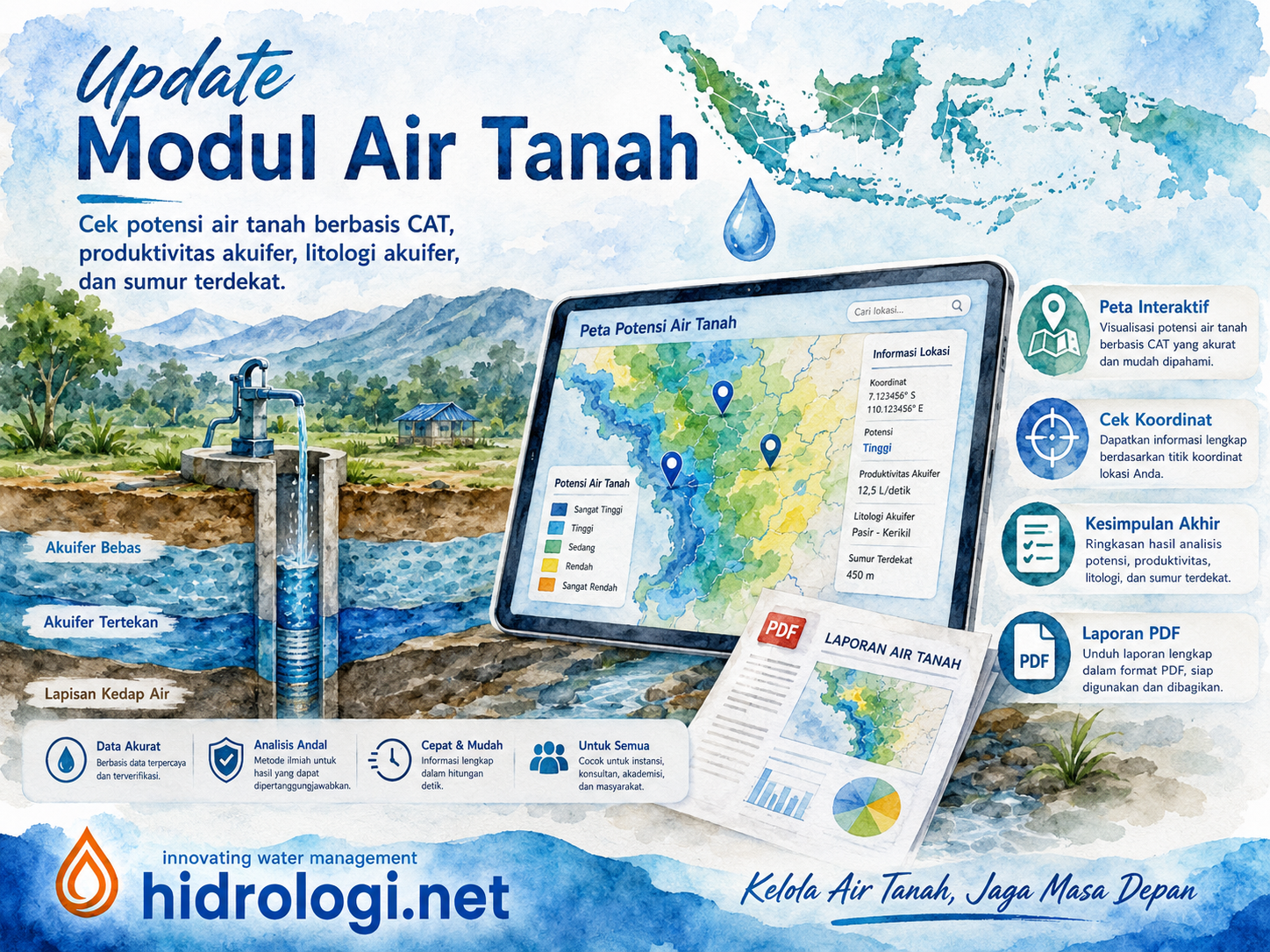 Ilustrasi peta dan analisis potensi air tanah berdasarkan koordinat di hidrologi.net